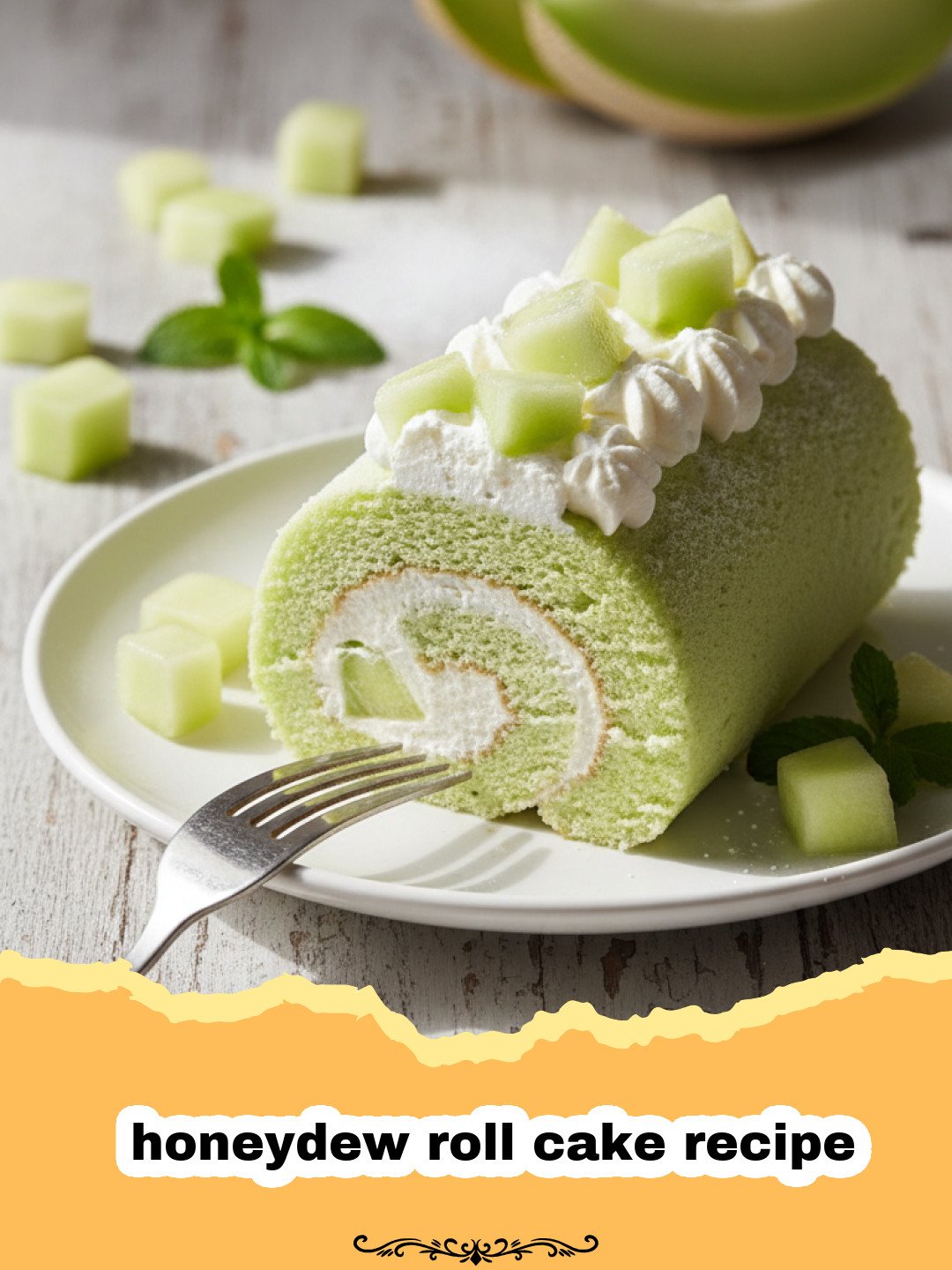 honeydew roll cake recipe - A beautiful honeydew roll cake sliced on a plate showing the cream and melon filling.