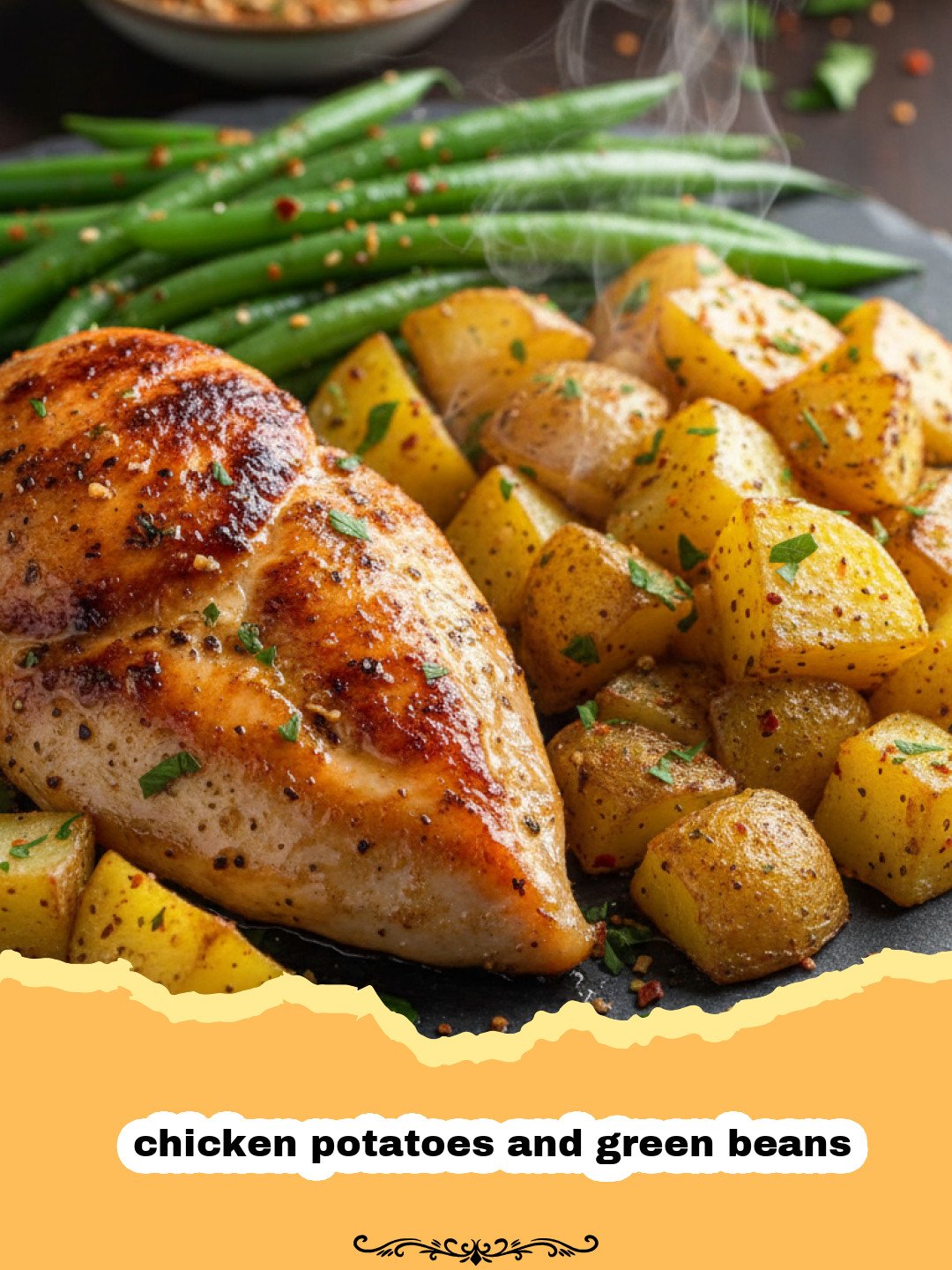 chicken potatoes and green beans - A sheet pan filled with roasted chicken thighs, golden potatoes, and bright green beans.