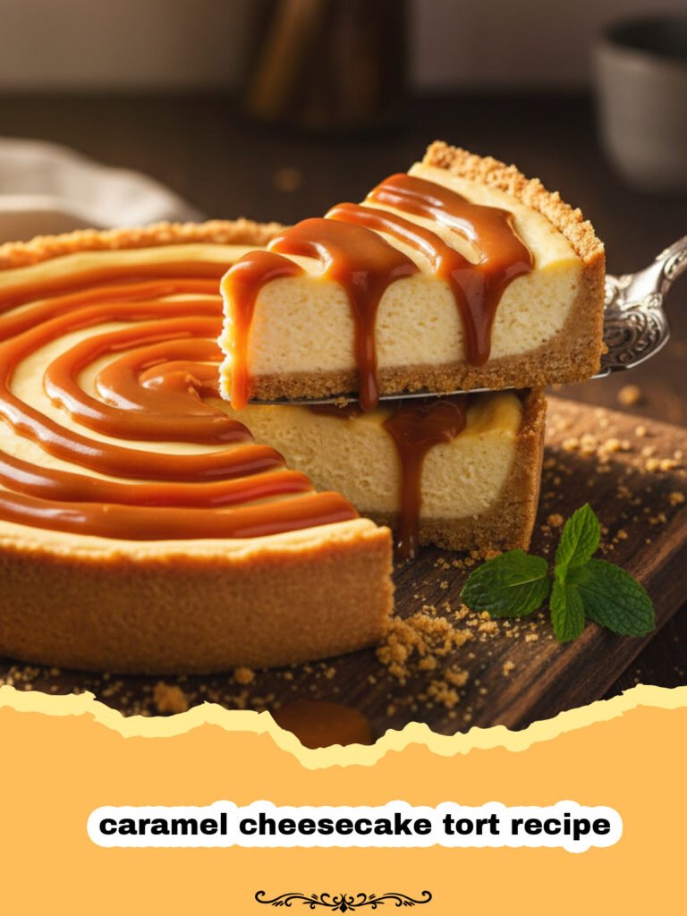 Decadent Salted Caramel Cheesecake Tort Recipe 5 caramel cheesecake tort recipe - A close-up shot of a slice of caramel cheesecake tort with golden sauce dripping down the side.
