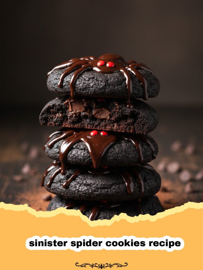 sinister spider cookies recipe - A close-up shot of several sinister spider cookies with chocolate legs and candy eyes on a tray.