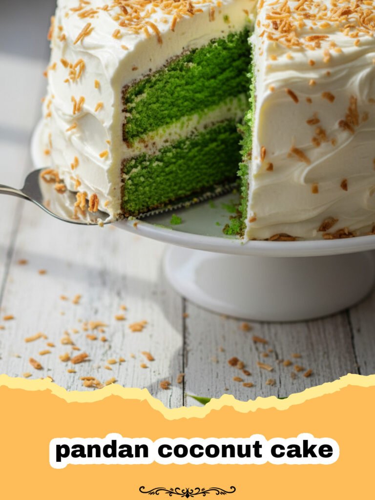 The Ultimate Pandan Coconut Cake: A Tropical Masterpiece 5 A tall, vibrant green pandan coconut cake on a white cake stand