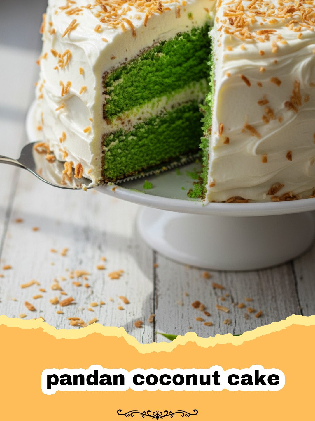 The Ultimate Pandan Coconut Cake: A Tropical Masterpiece 3 A tall, vibrant green pandan coconut cake on a white cake stand