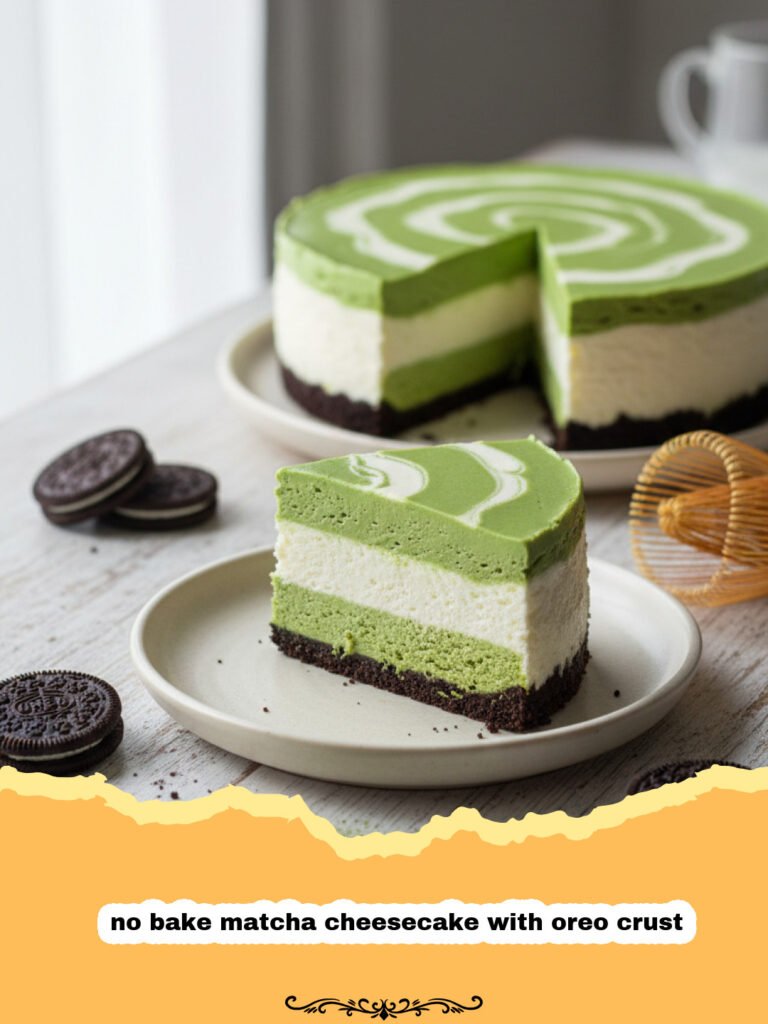 no bake matcha cheesecake with oreo crust - A vibrant green no-bake matcha cheesecake with a dark chocolate Oreo crust on a white serving plate.