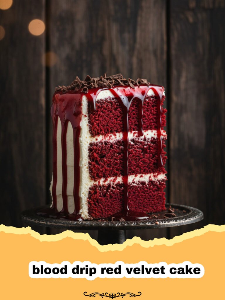blood drip red velvet cake - A three-layer red velvet cake with white frosting and red syrup dripping down the sides.