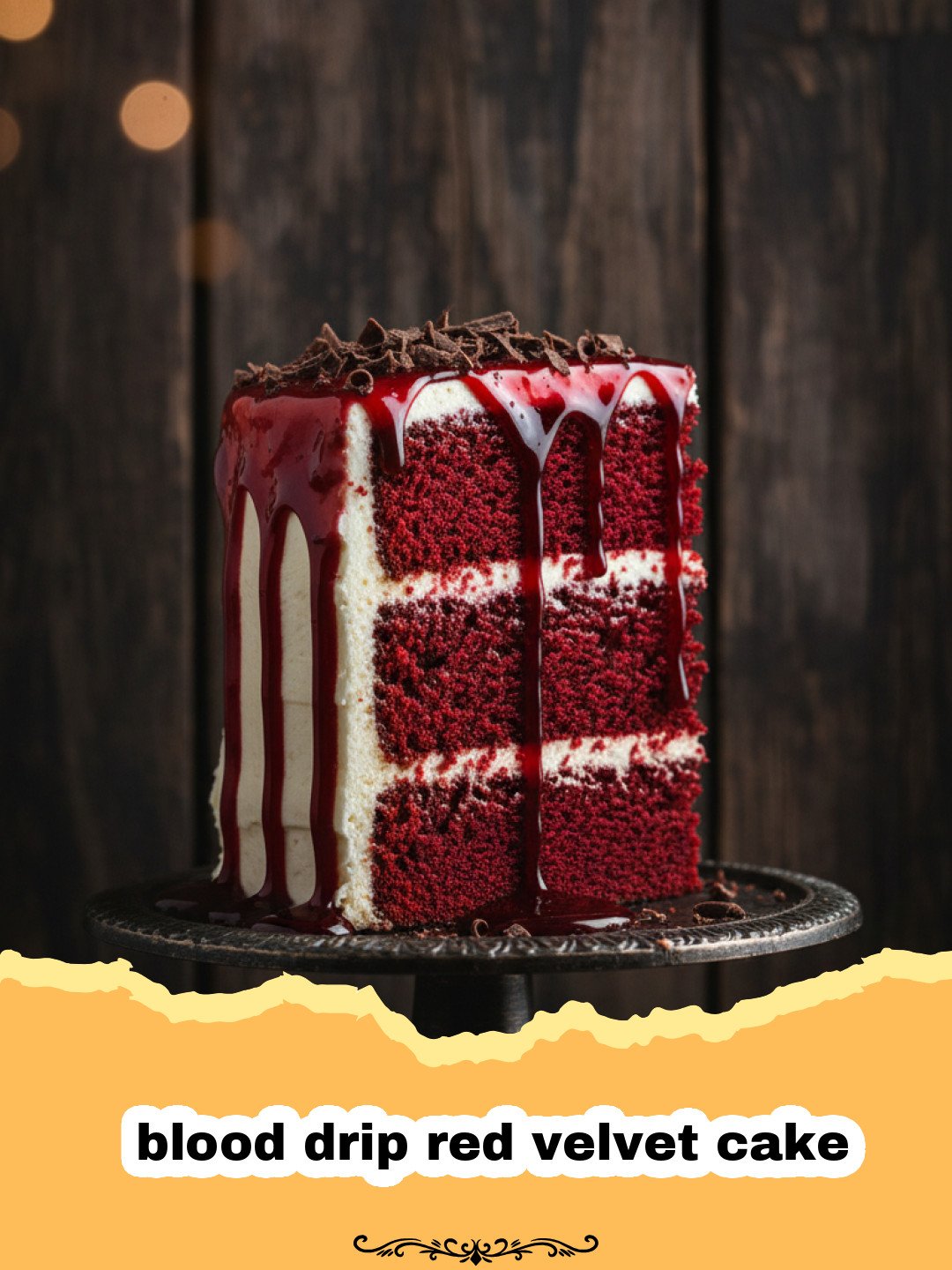blood drip red velvet cake - A three-layer red velvet cake with white frosting and red syrup dripping down the sides.
