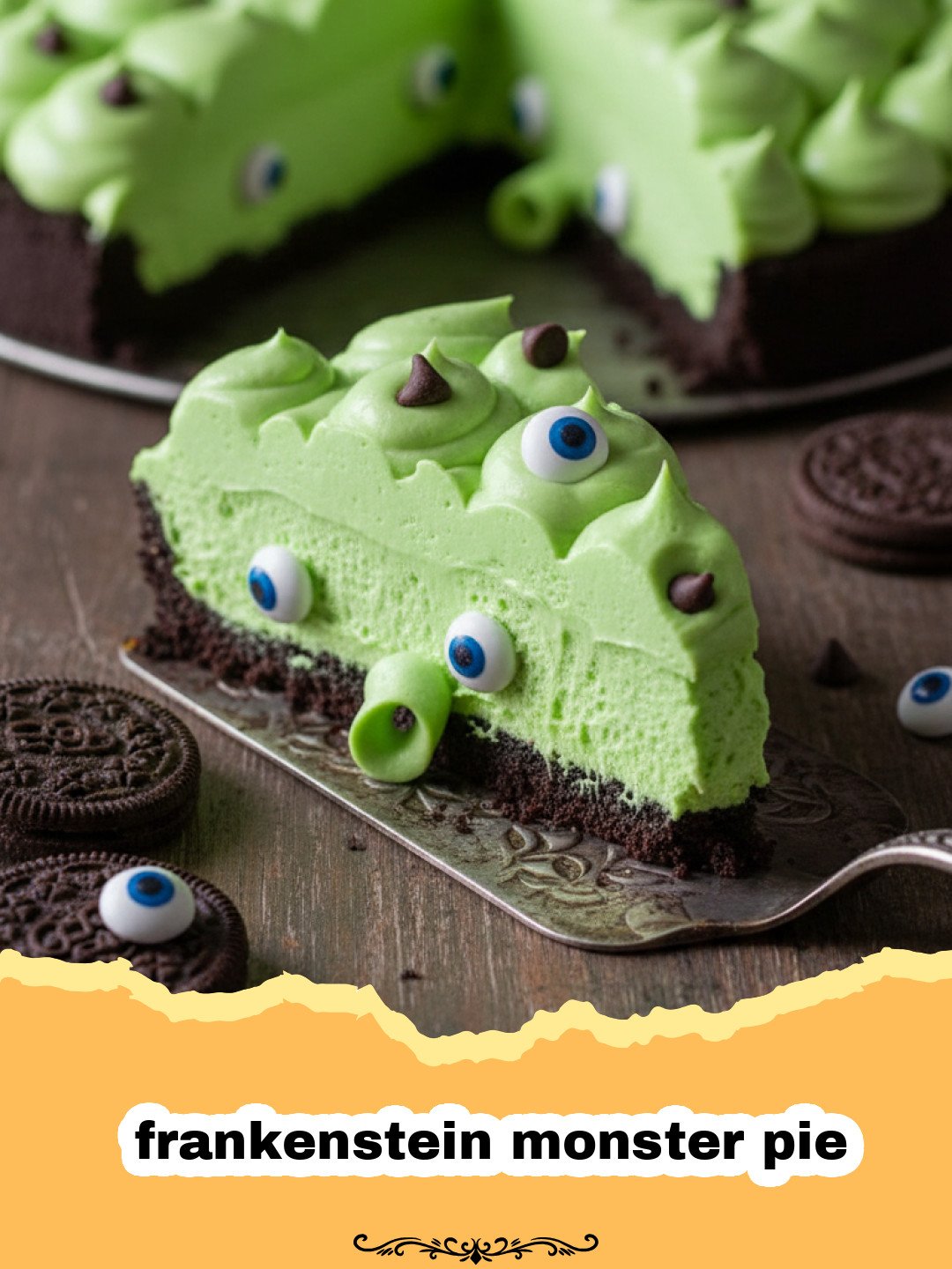 frankenstein monster pie - A green Frankenstein monster pie with chocolate hair and marshmallow eyes on a black serving plate.