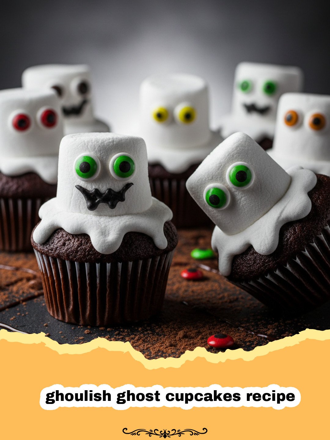 ghoulish ghost cupcakes recipe - A tray of chocolate cupcakes with tall white frosting swirls decorated to look like ghosts with chocolate chip eyes.