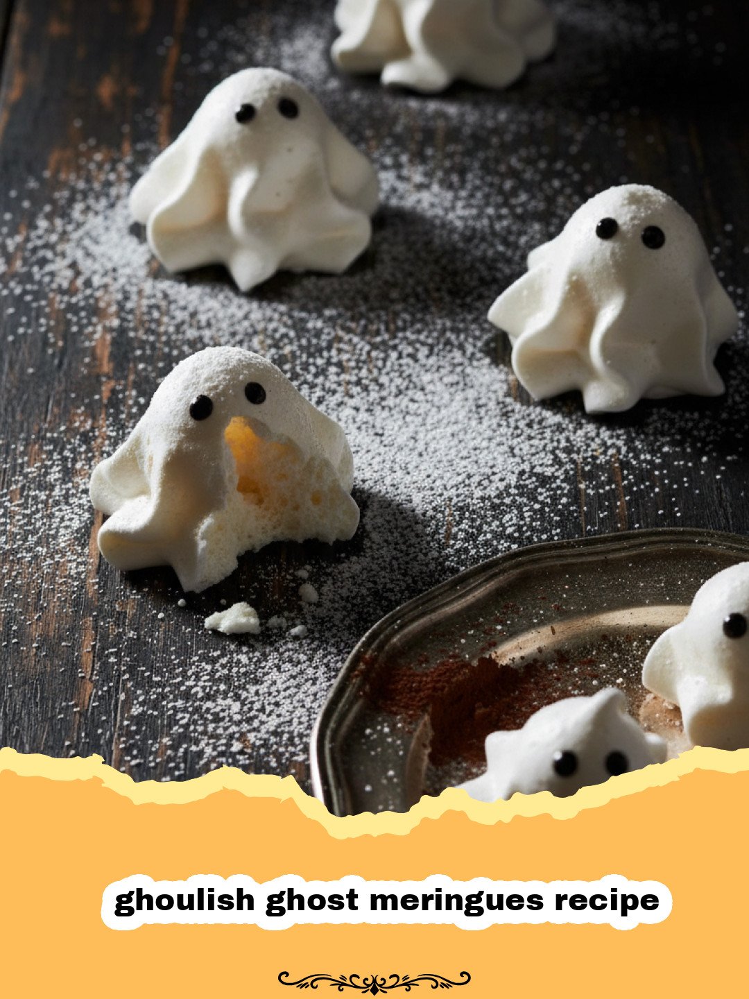 Spooky Sweet Treats: Ghoulish Ghost Meringues Recipe 3 ghoulish ghost meringues recipe - A tray of white ghoulish ghost meringues with chocolate eyes