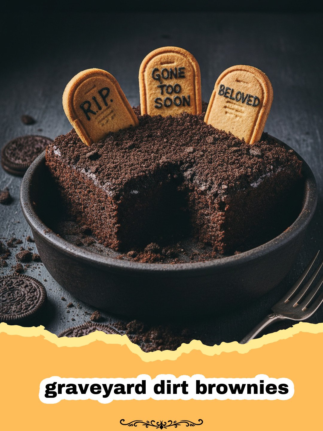 Graveyard Dirt Brownies: The Spookiest Halloween Treat 3 A tray of graveyard dirt brownies decorated with cookie tombstones and gummy worms.