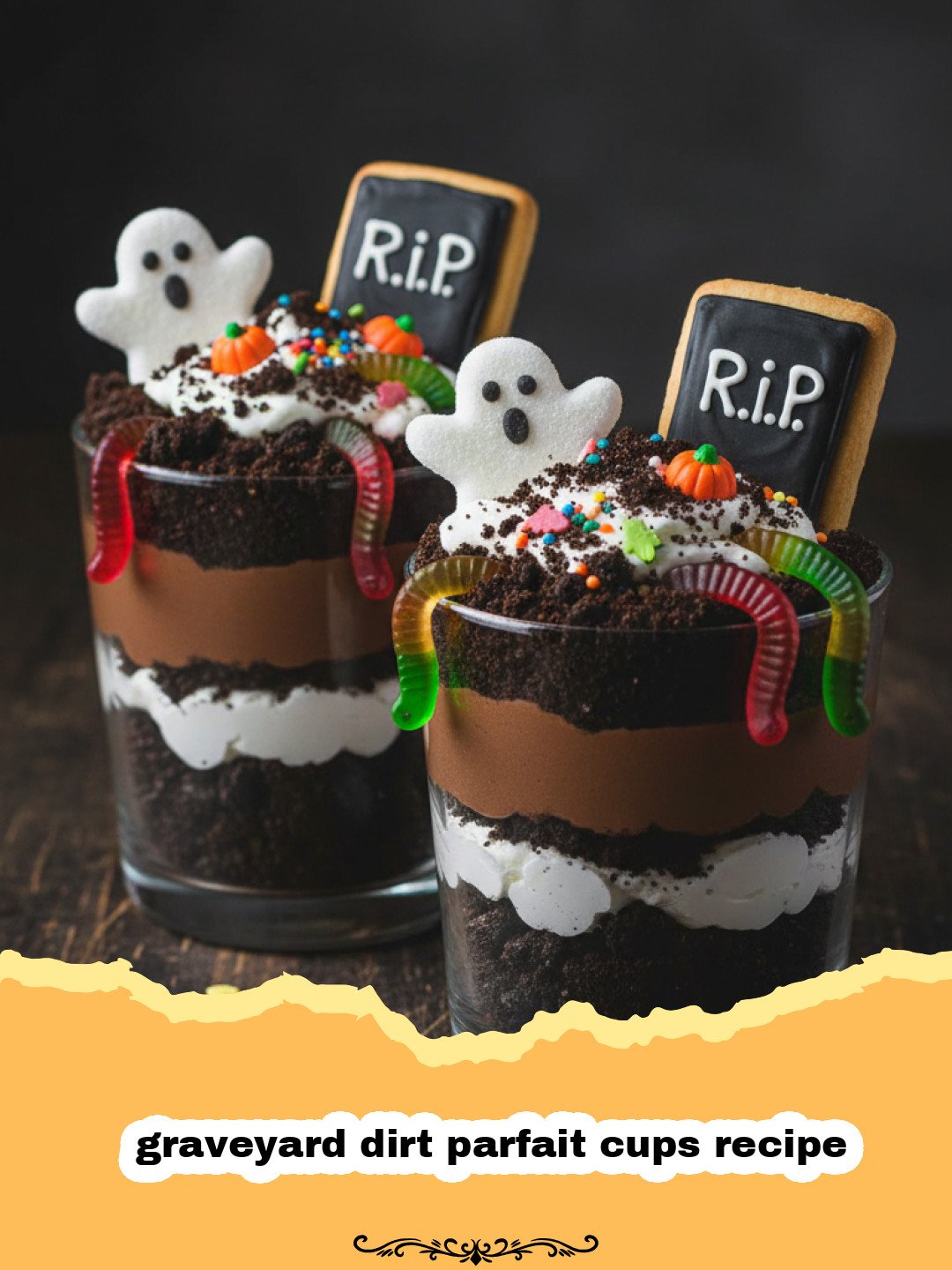 graveyard dirt parfait cups recipe - Individual clear cups filled with chocolate pudding and cookie crumbs, decorated with gummy worms for Halloween.
