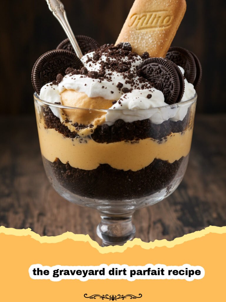 the graveyard dirt parfait recipe - A close up of individual graveyard dirt parfaits with gummy worms and tombstone cookies.