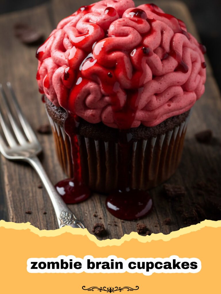 How to Make Spooky Zombie Brain Cupcakes for Halloween 5 Close-up of zombie brain cupcakes with pink frosting brains and red jam filling
