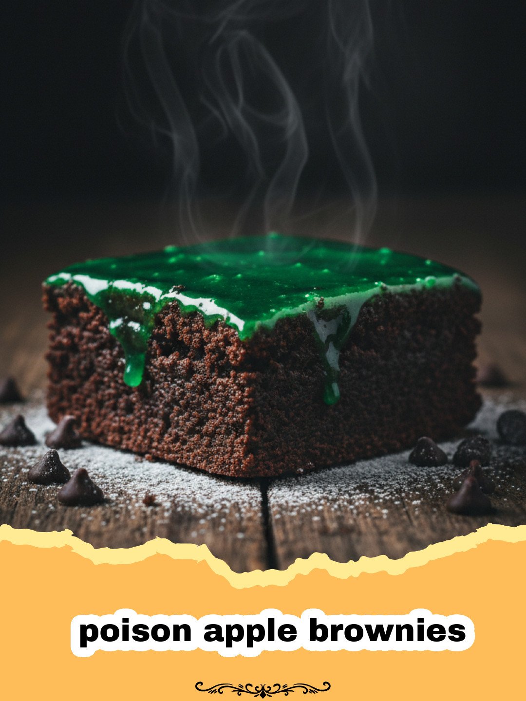 Poison Apple Brownies 3 A tray of dark chocolate poison apple brownies with a bright green glaze and chocolate drizzle.