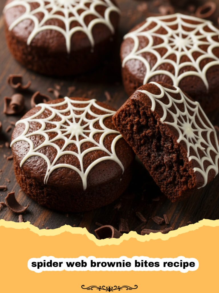 The Ultimate Spooky Spider Web Brownie Bites Recipe 5 spider web brownie bites recipe - Close up of chocolate brownie bites decorated with white marshmallow spider webs for Halloween