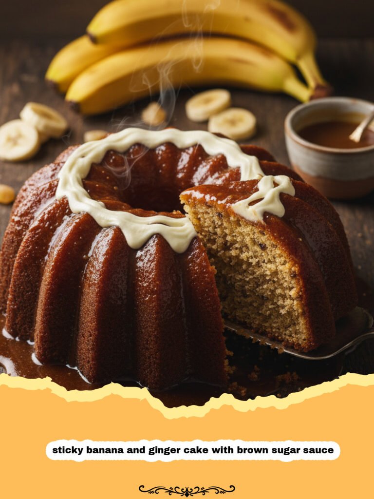 The Ultimate Sticky Banana and Ginger Cake with Brown Sugar Sauce 5 A close-up of a slice of sticky banana and ginger cake with brown sugar sauce being drizzled with caramel-like sauce.