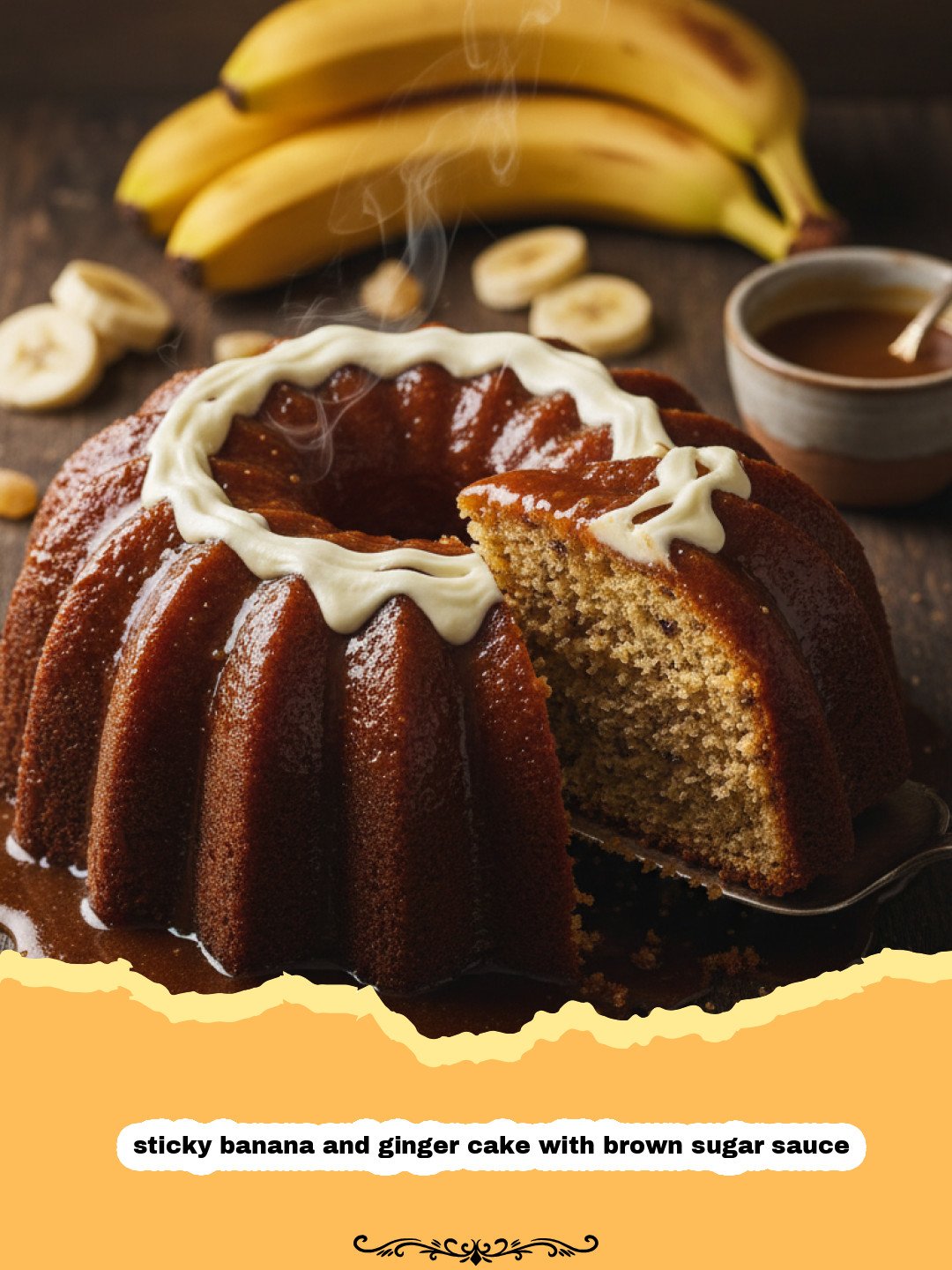 The Ultimate Sticky Banana and Ginger Cake with Brown Sugar Sauce 3 A close-up of a slice of sticky banana and ginger cake with brown sugar sauce being drizzled with caramel-like sauce.