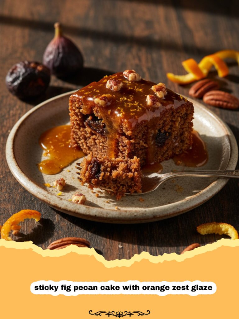 A beautiful sticky fig pecan cake with orange zest glaze on a ceramic cake stand.