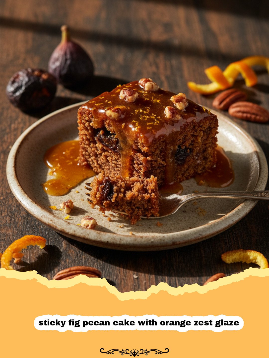 A beautiful sticky fig pecan cake with orange zest glaze on a ceramic cake stand.