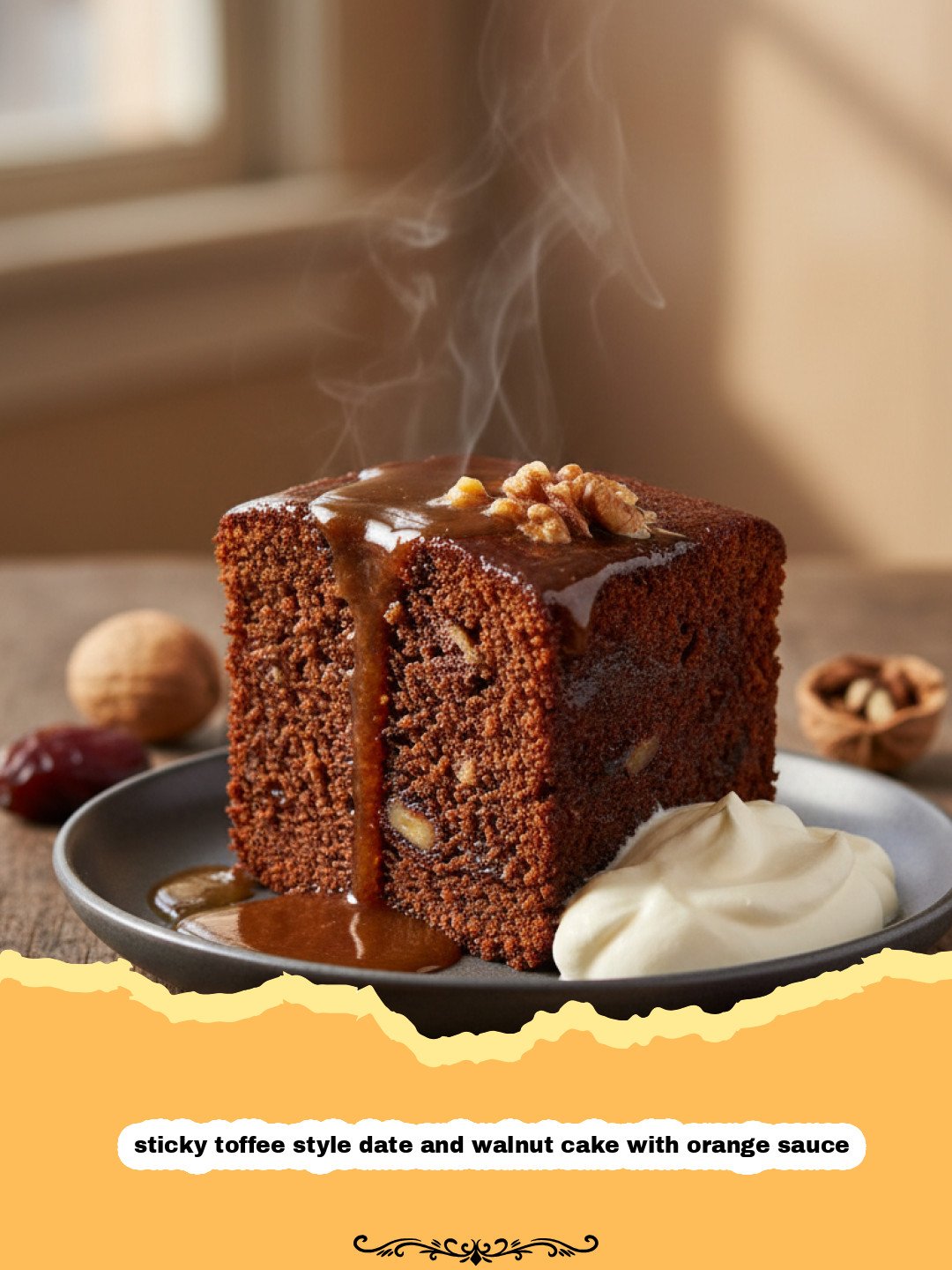 A close-up shot of a slice of sticky toffee style date and walnut cake with orange sauce being drizzled with citrus caramel.