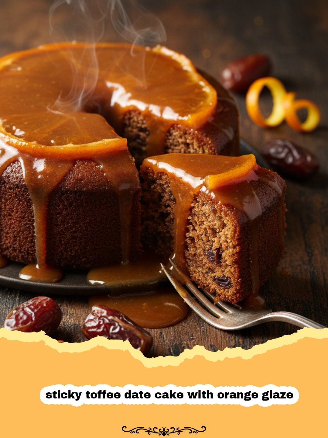 A Sweet Twist: Sticky Toffee Date Cake with Orange Glaze 3 A close-up shot of a moist sticky toffee date cake with orange glaze being drizzled with citrus syrup.