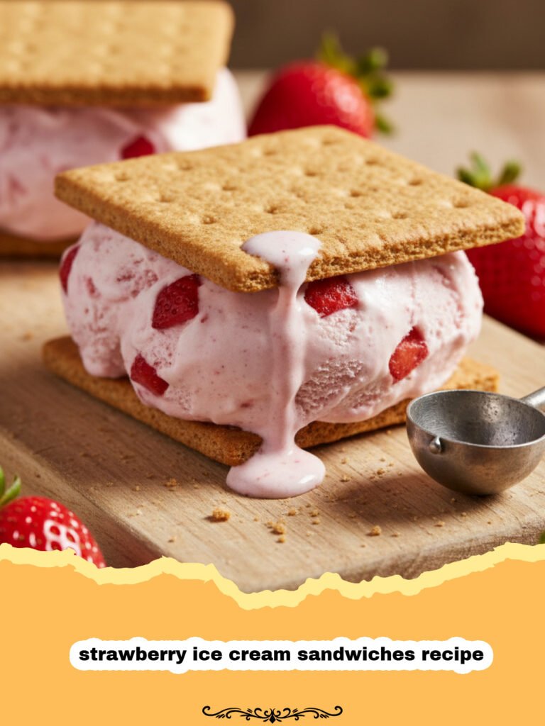 strawberry ice cream sandwiches recipe - A stack of homemade strawberry ice cream sandwiches with fresh berries scattered around.