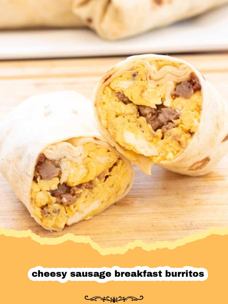 The Ultimate Cheesy Sausage Breakfast Burritos: Your New Go-To Meal Prep Masterpiece! 5 Close-up of a perfectly rolled cheesy sausage breakfast burrito, cut in half to show the rich filling of sausage, eggs, and melted cheese, with a side of salsa.