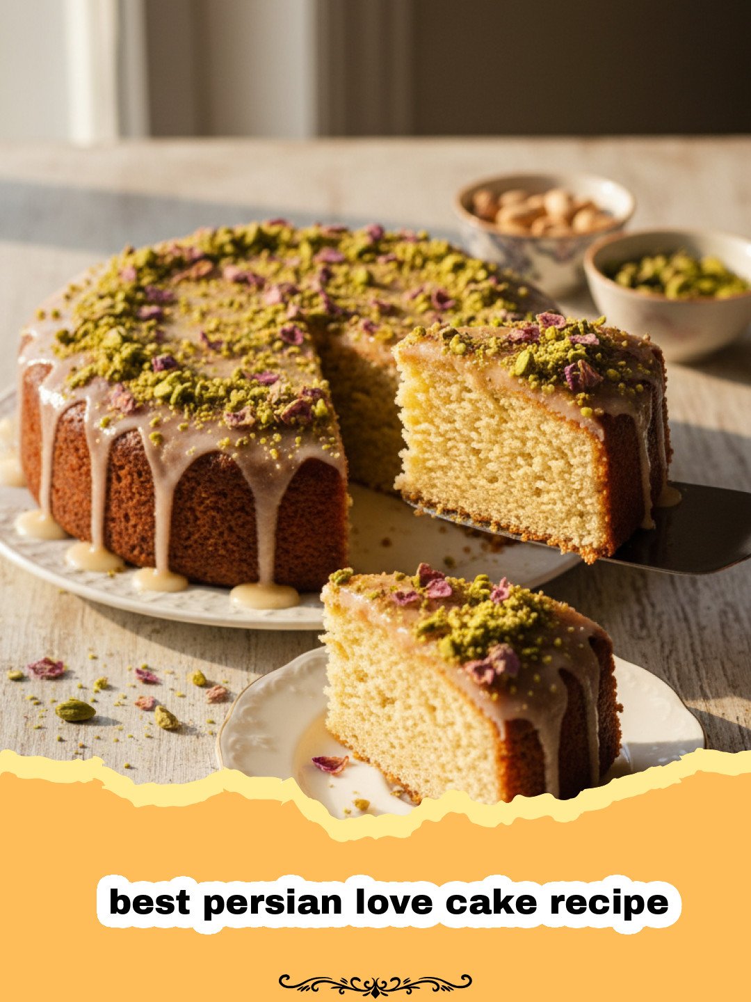 The Enchanting Magic of a Persian Love Cake 3 best persian love cake recipe - A beautiful Persian Love Cake decorated with rose petals and pistachios on a white plate.
