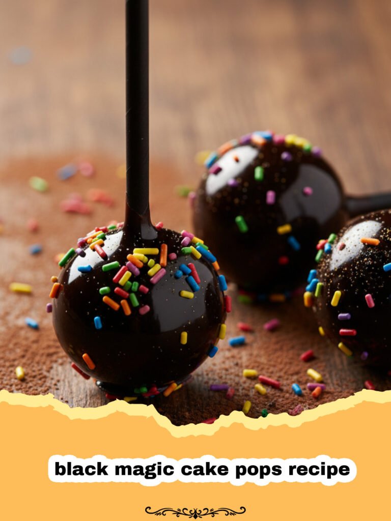 black magic cake pops recipe - A platter of midnight black cake pops with dark chocolate drizzle and silver sprinkles.
