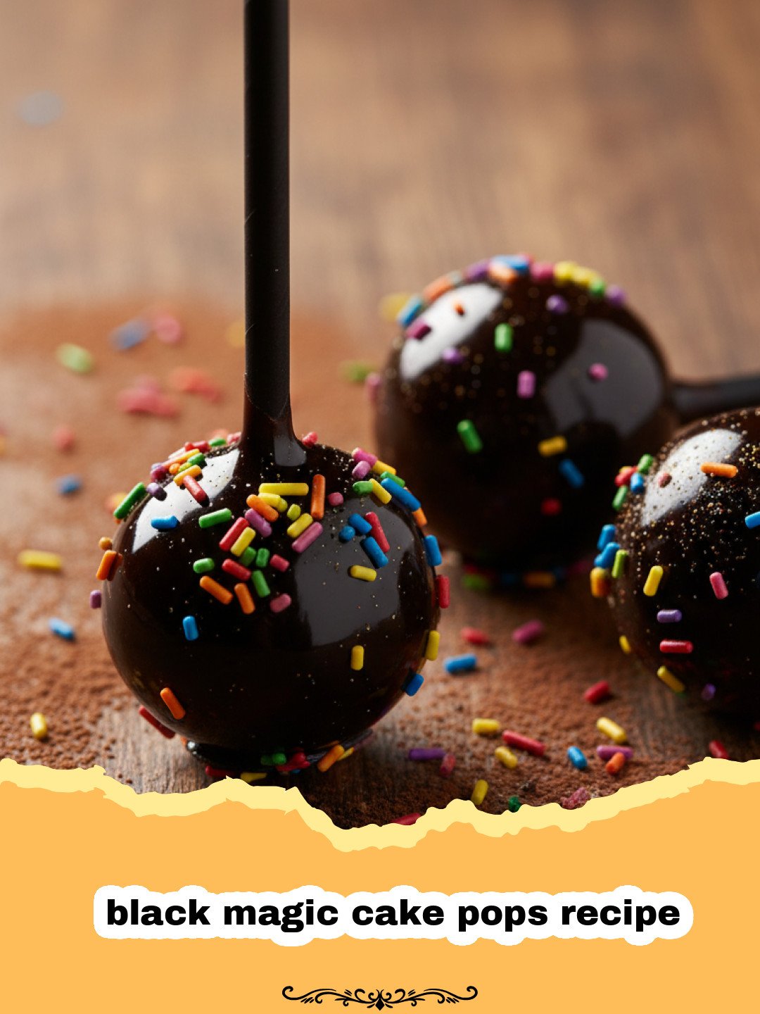 black magic cake pops recipe - A platter of midnight black cake pops with dark chocolate drizzle and silver sprinkles.