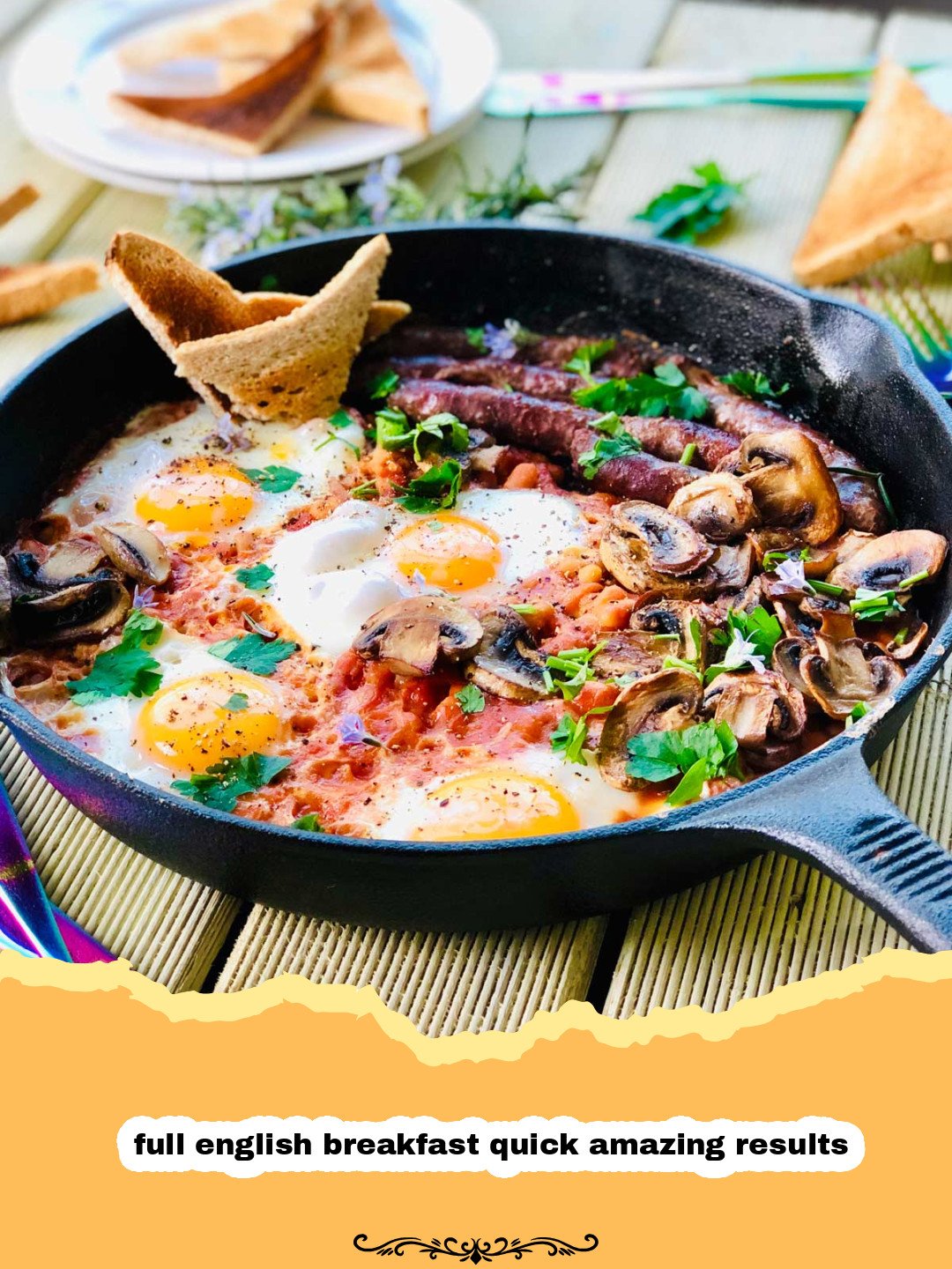 The Ultimate Quick & Amazing Full English Breakfast You Can Master at Home! 3 A perfectly plated full English breakfast with crispy bacon, browned sausages, fried eggs, baked beans, mushrooms, tomatoes, black pudding, and toast.