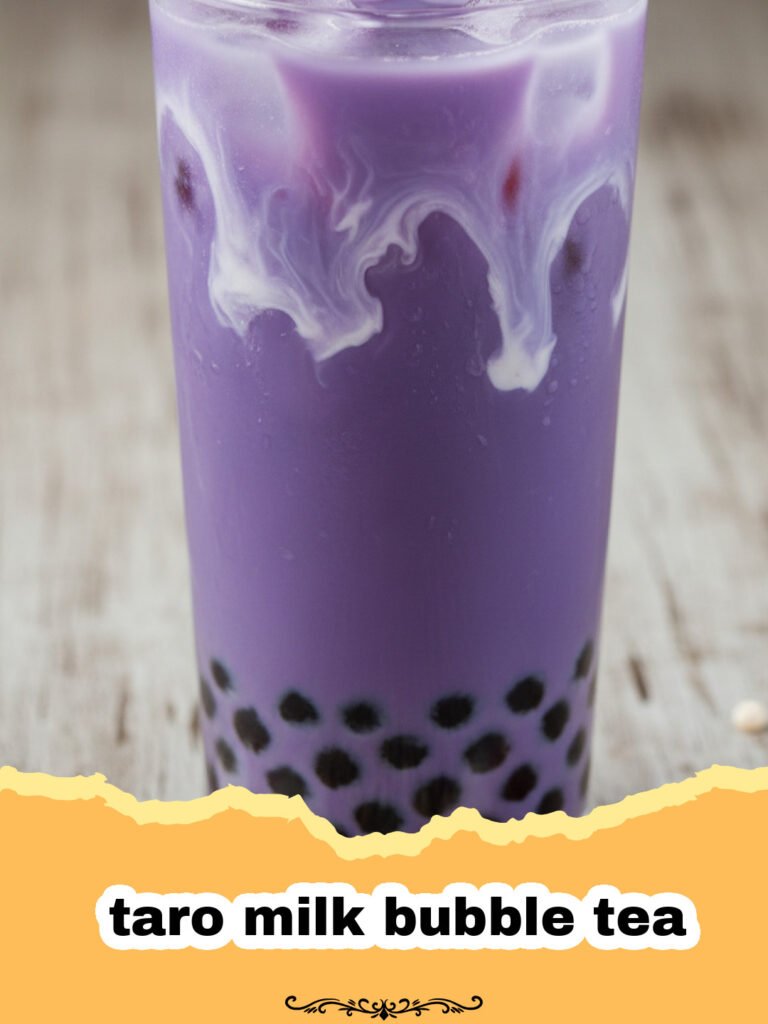 The Ultimate Homemade Taro Milk Bubble Tea: Creamy, Purple Perfection 5 A tall glass of vibrant purple taro milk bubble tea with dark pearls at the bottom and a thick straw.