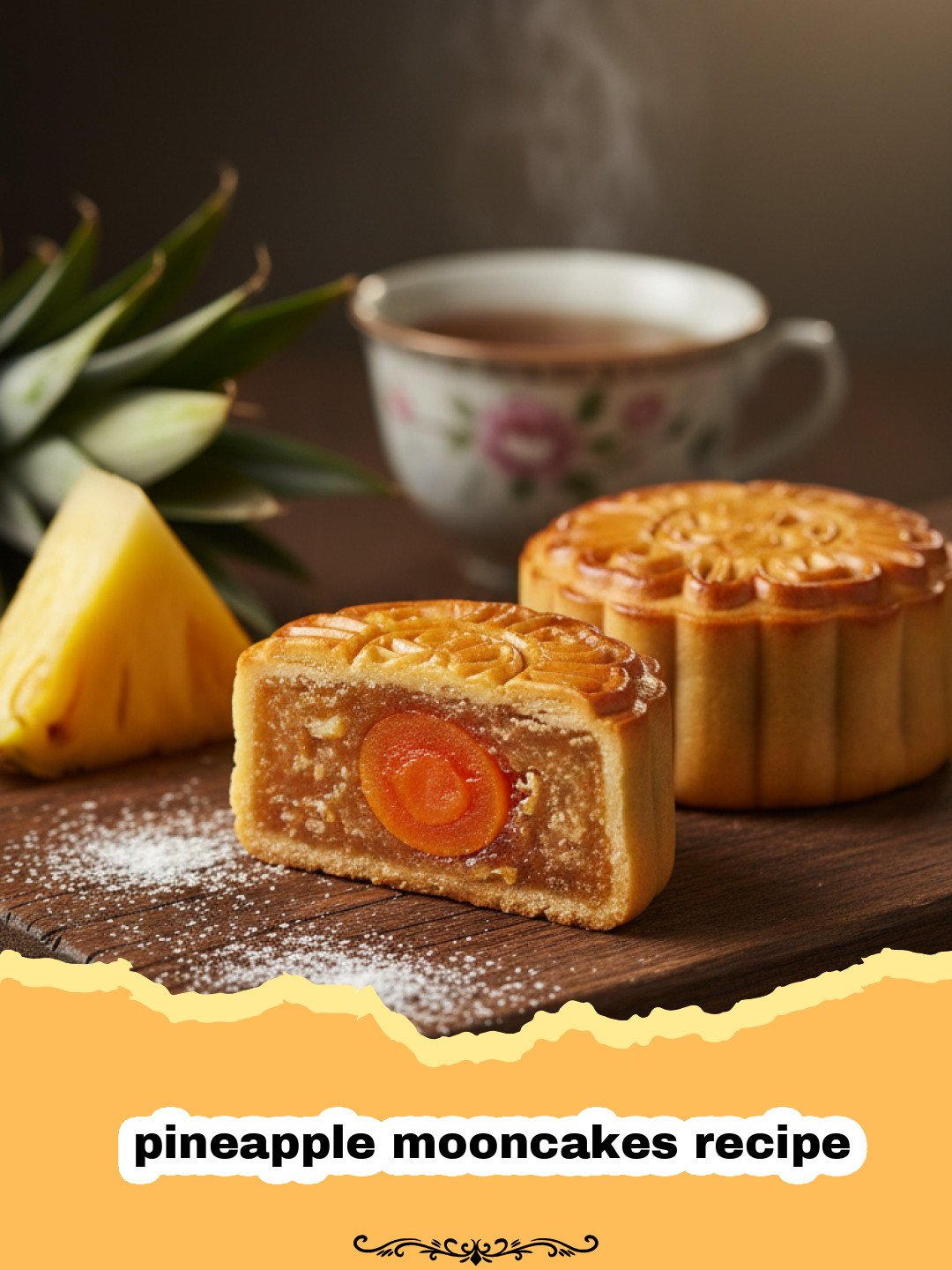 The Ultimate Pineapple Mooncakes Recipe for Mid-Autumn Festival 3 pineapple mooncakes recipe - Golden brown pineapple mooncakes with intricate patterns on a wooden plate