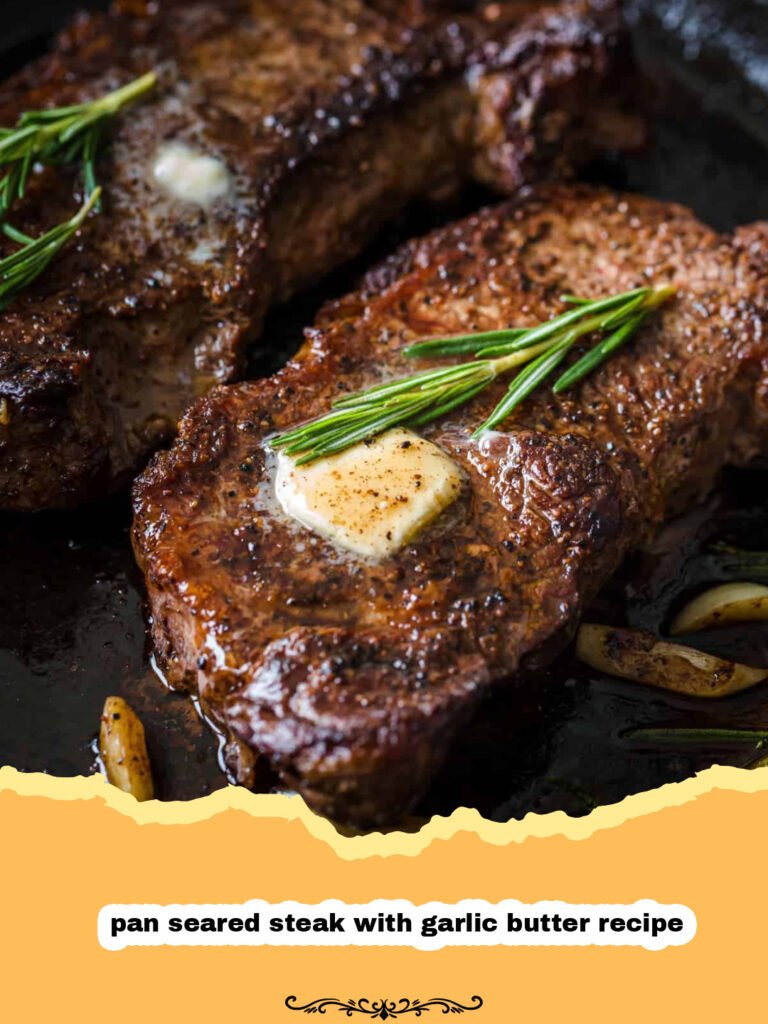 Perfectly pan seared steak with a golden-brown crust, basted in garlic herb butter, sliced to show a medium-rare interior, served on a white plate with fresh rosemary.