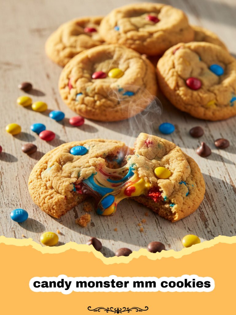 A close up shot of several candy monster mm cookies with colorful candies and eyes.