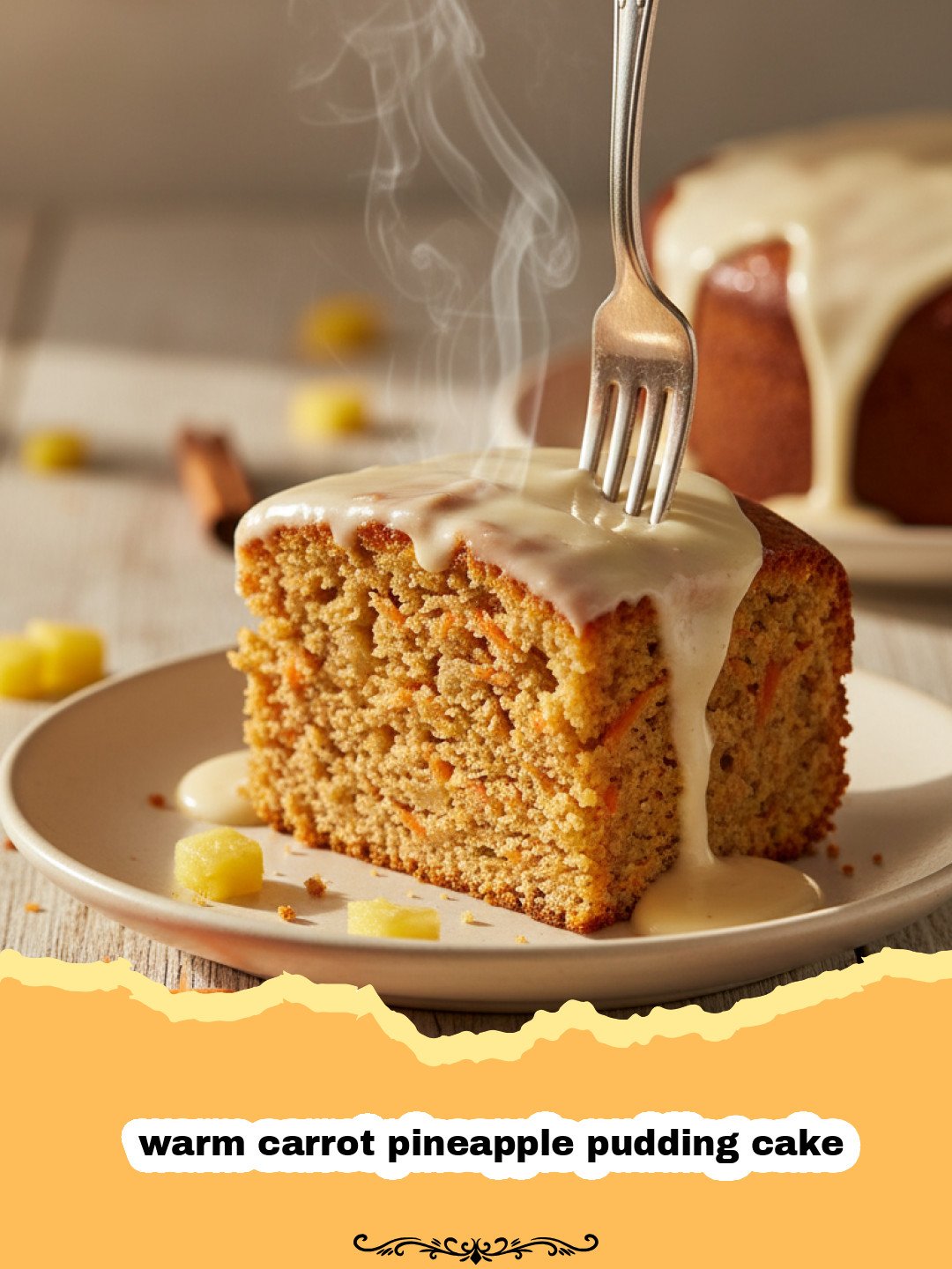 Cozy and Delicious Warm Carrot Pineapple Pudding Cake 3 A close-up of a slice of warm carrot pineapple pudding cake served in a bowl with a scoop of melting vanilla ice cream and golden sauce pooling at the bottom.