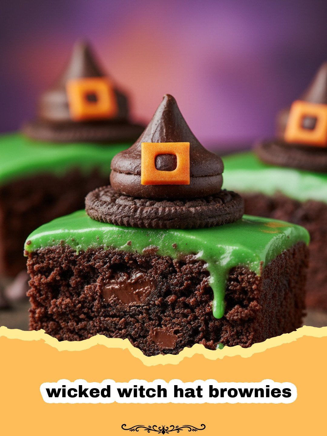 A platter of wicked witch hat brownies with chocolate cones and orange icing bands.