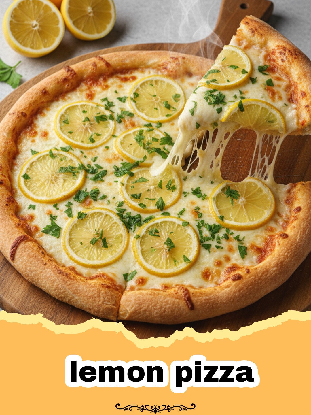 A beautiful homemade lemon pizza with thin citrus slices and fresh basil.