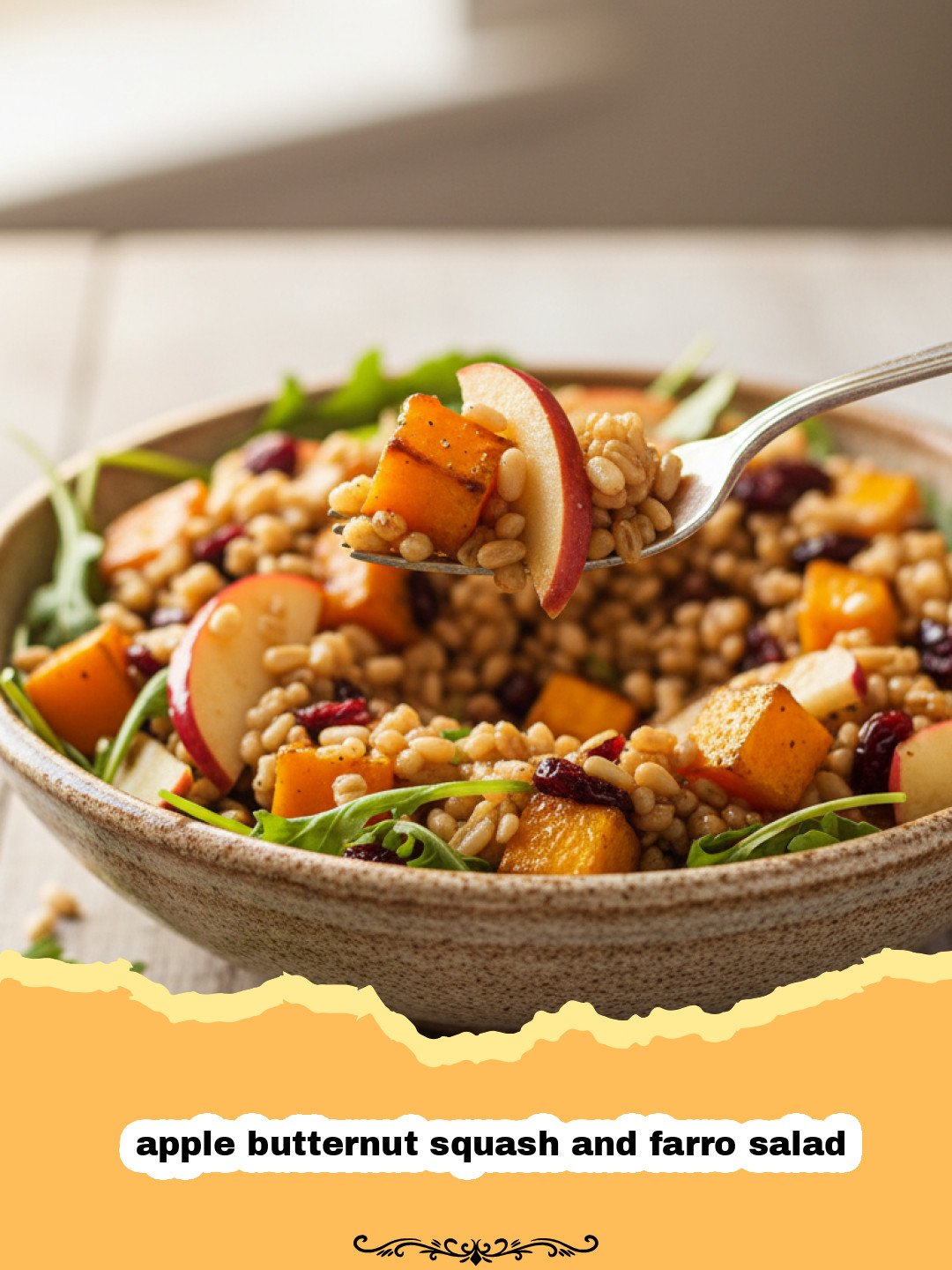 A vibrant bowl of apple butternut squash and farro salad with toasted pecans and greens