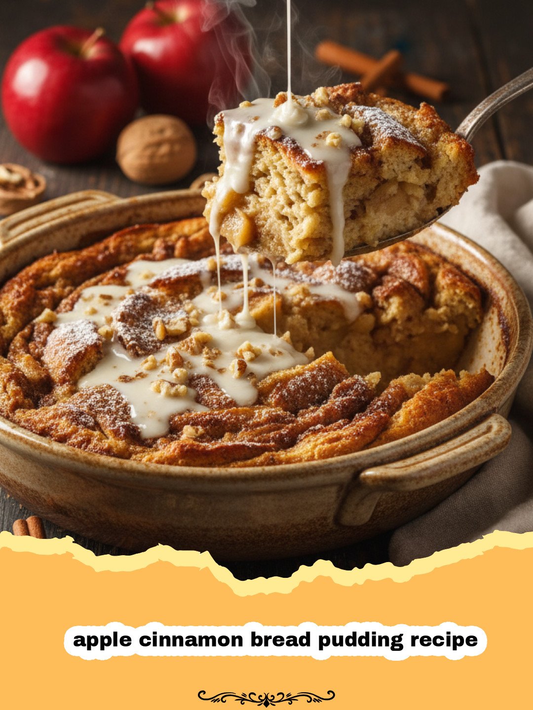 apple cinnamon bread pudding recipe - A golden brown apple cinnamon bread pudding in a glass dish topped with powdered sugar.