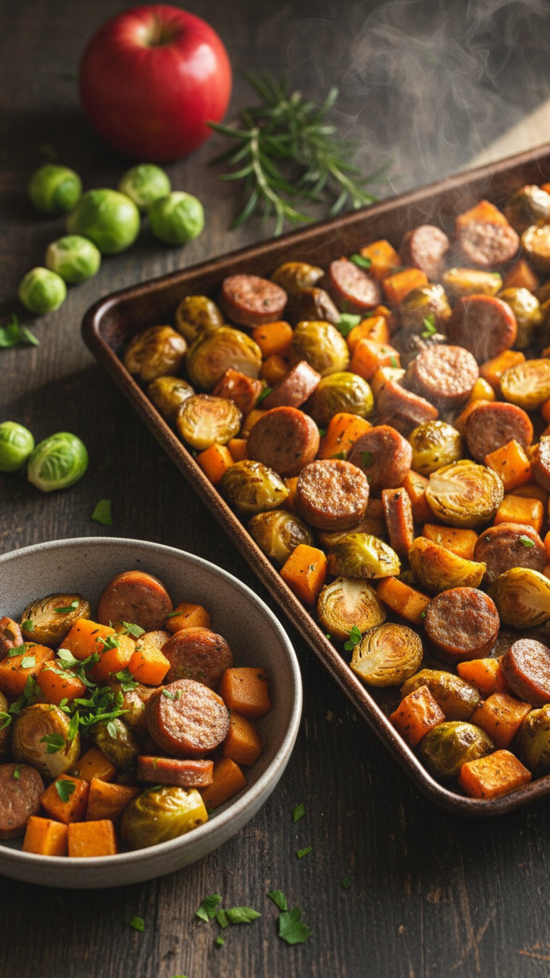 Apple Sausage and Brussels Sprout Sheet Pan Dinner Preparation