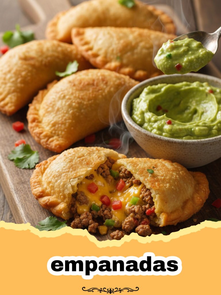 The Ultimate Homemade Beef Empanadas Recipe 5 Golden brown beef empanadas on a platter with dipping sauce.