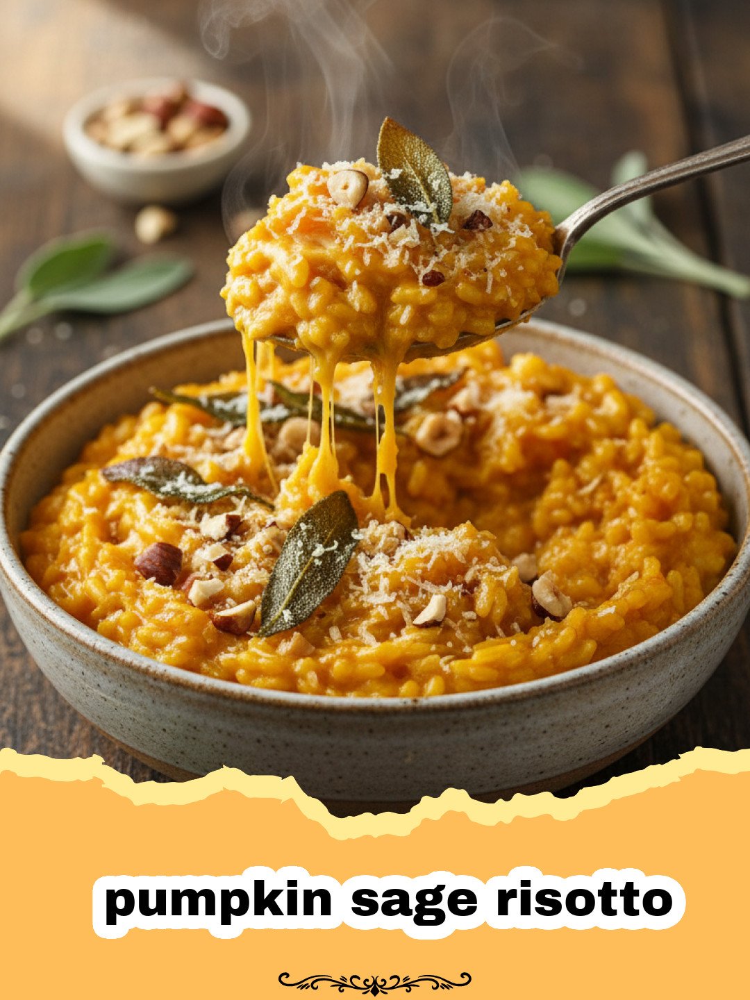 A bowl of creamy orange pumpkin sage risotto topped with fried sage and pine nuts