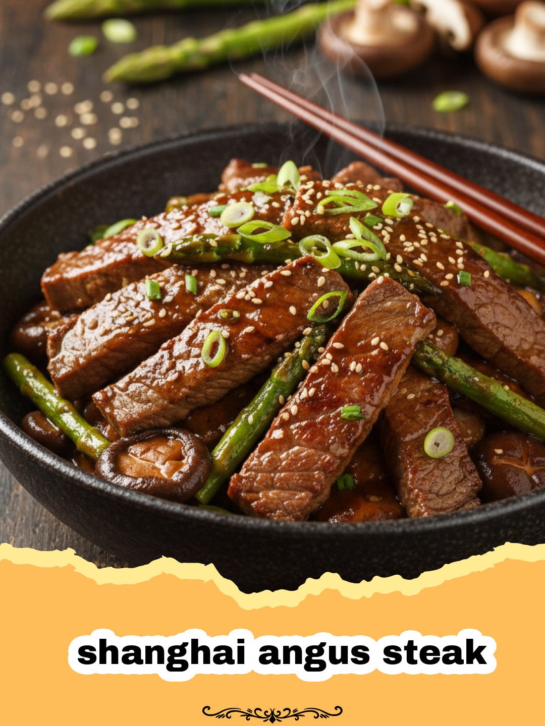 shanghai angus steak - A close up of Shanghai Angus Steak with peppers and onions in a black wok.