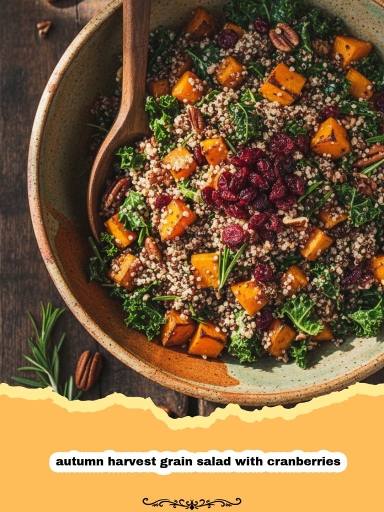 The Most Nourishing Autumn Harvest Grain Salad with Cranberries 5 A close up view of an autumn harvest grain salad with cranberries, kale, and apples in a wooden bowl.