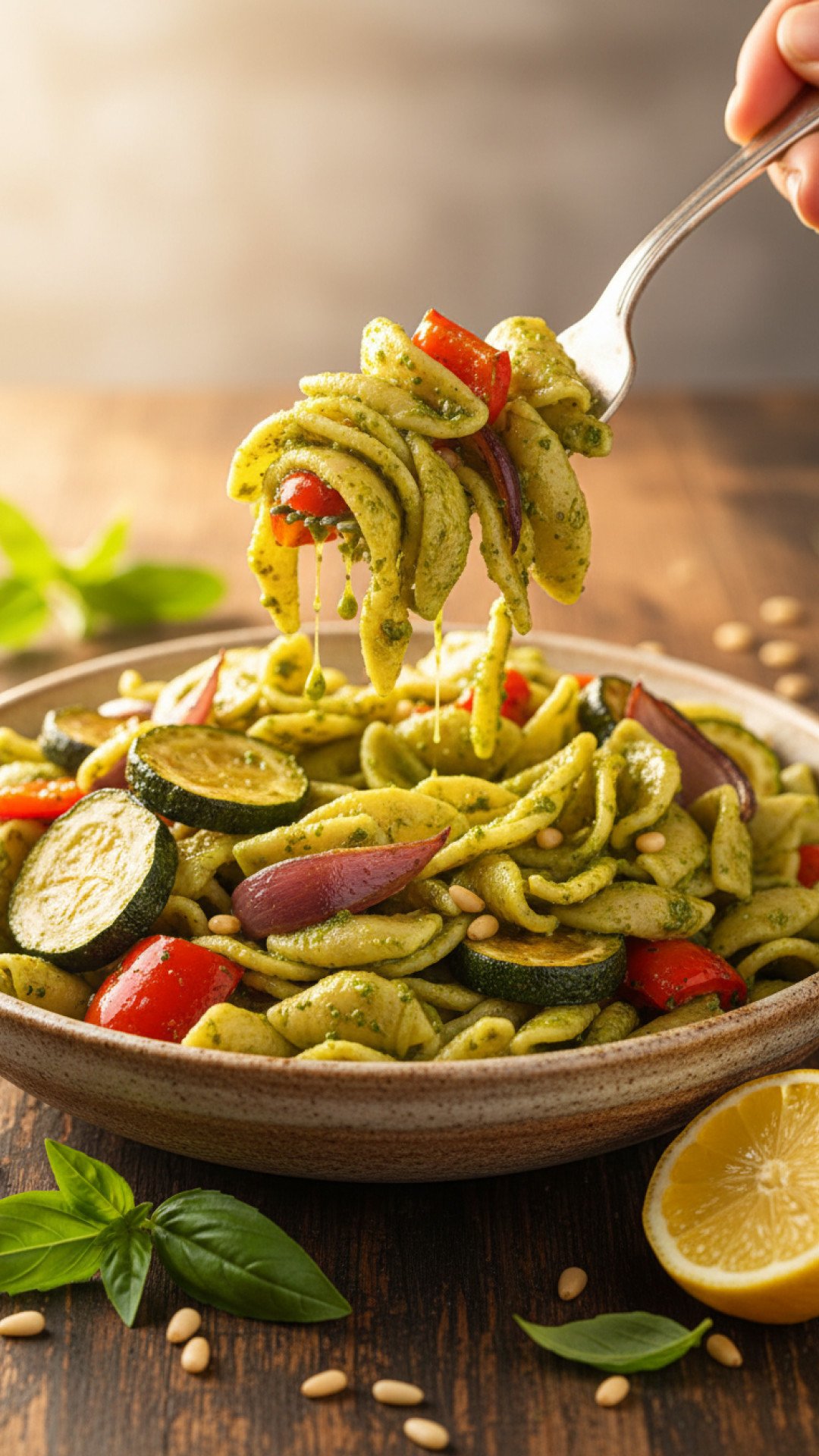 Autumn Harvest Pasta with Roasted Veggies and Pesto Preparation