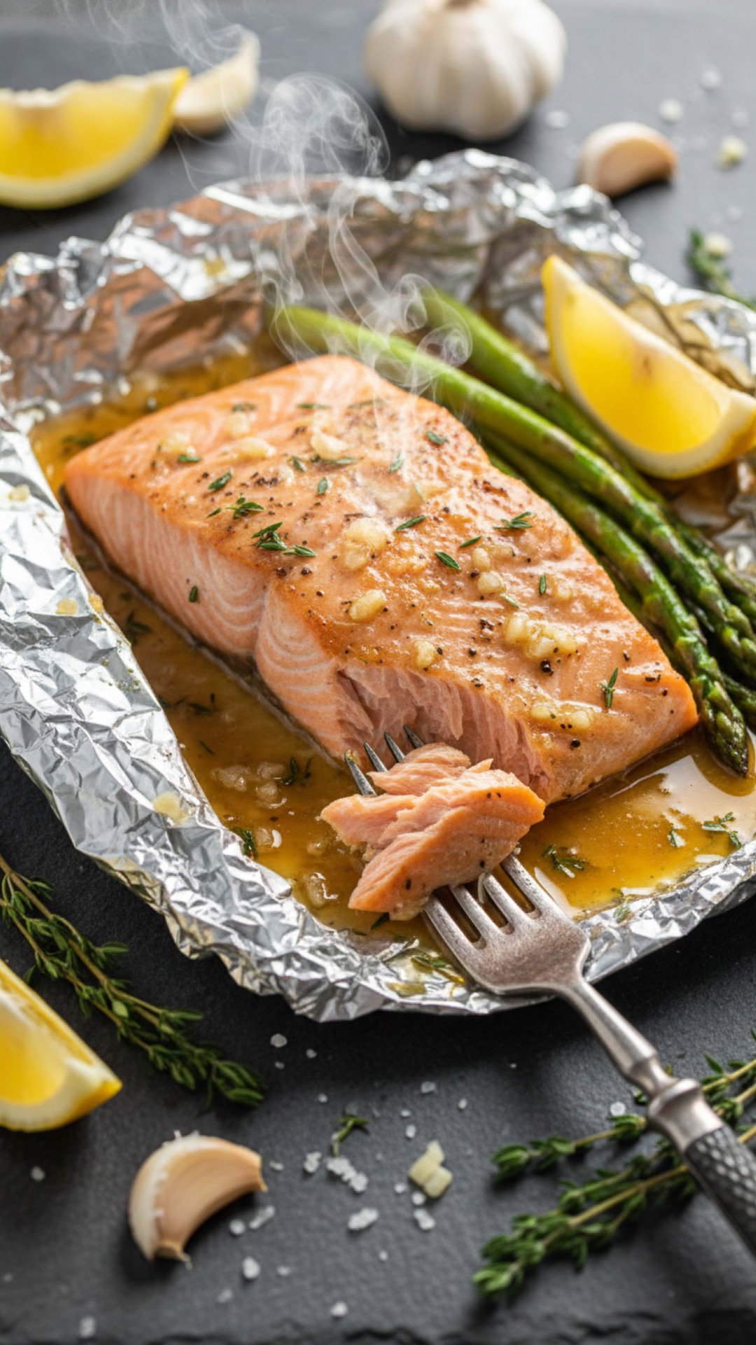 Baked Salmon in Foil with Asparagus and Garlic Butter Sauce Preparation