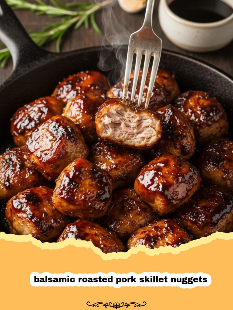 A cast iron skillet filled with glazed balsamic roasted pork skillet nuggets and fresh rosemary.