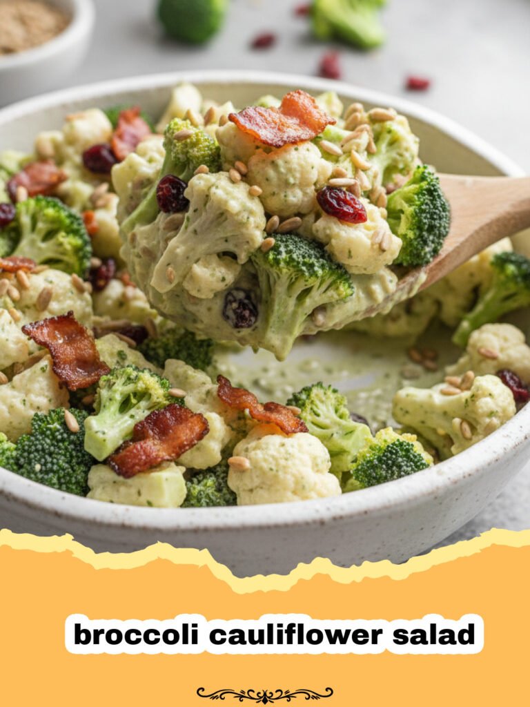 A close-up shot of a creamy broccoli cauliflower salad in a white bowl showing bacon and cheese