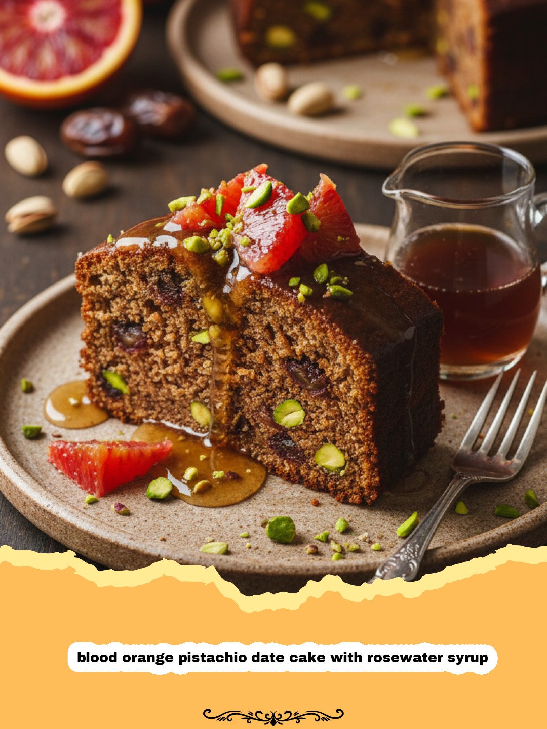A close-up shot of a slice of blood orange pistachio date cake with rosewater syrup on a white plate.