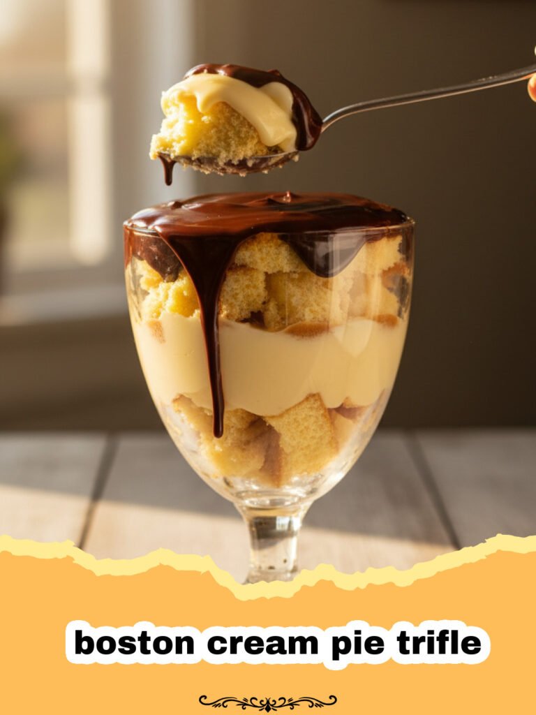 The Ultimate Boston Cream Pie Trifle: A Dreamy Layered Dessert 5 A beautiful boston cream pie trifle layered in a glass bowl with cake, custard, and chocolate ganache.
